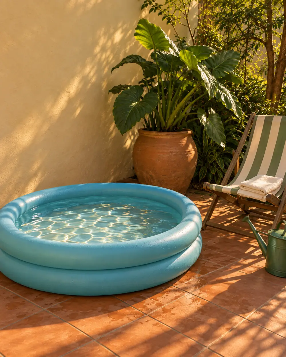 Piscina inflável redonda montada no piso de lajota, ao lado da cadeira de lona.