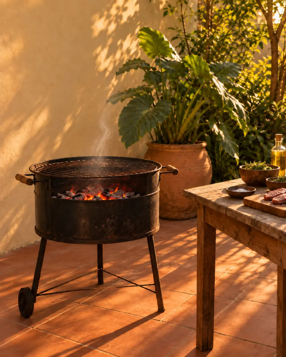 Churrasqueira de tambor com brasa acesa ao lado de uma mesa de madeira.
